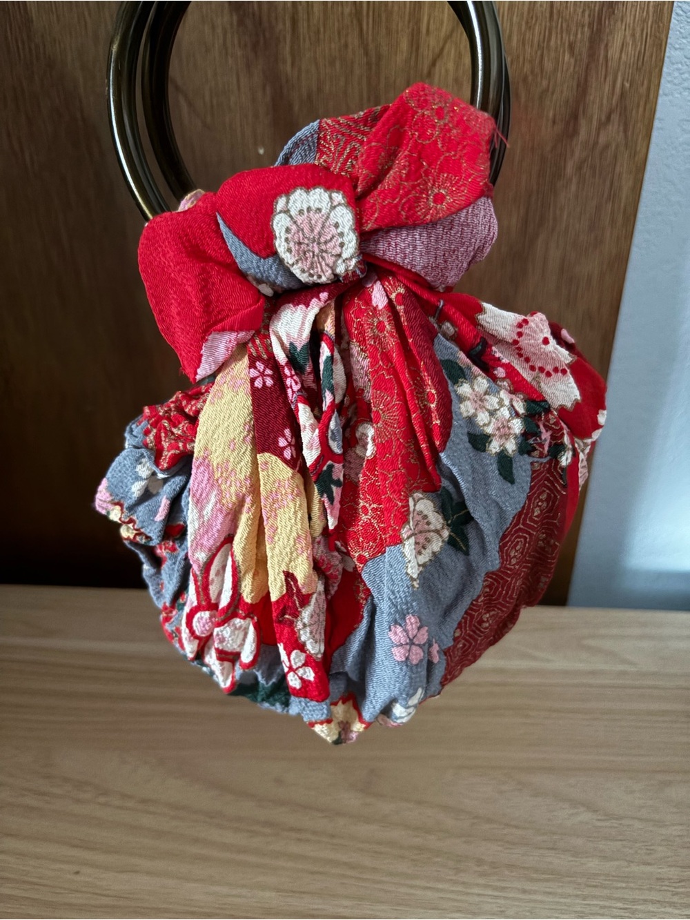 Red Small FUROSHIKI Bag with Brown Plastic Rings from Japan - Picture 3 of 9
